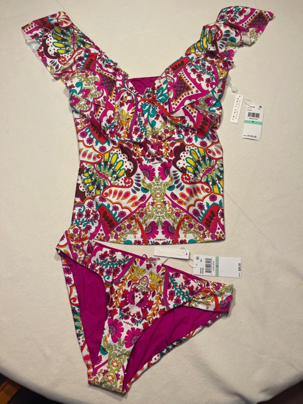 Trina Turk Pink Paisley Ruffle One-Piece Swimsuit
